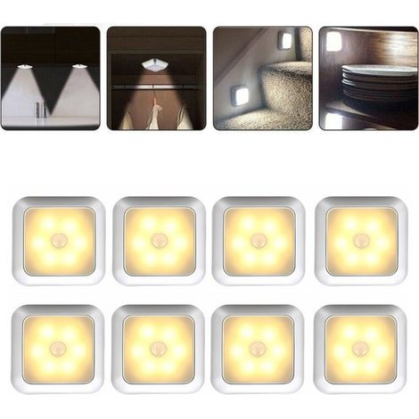 Veilleuse LED à détecteur de mouvement, 8 LED blanc chaud, lampe magnétique sans fil à piles pour placard, escalier, couloir, salle de bain, chambre, cuisine (1/5)