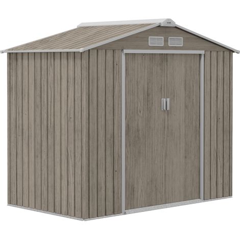 7 x 4ft Metal Garden Storage Shed with Vents, Floor Foundation Kit and Lockable Double Doors, Light Brown
