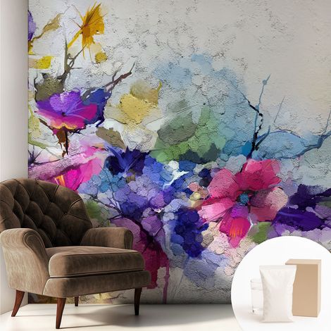 Papier peint intissé pour salon chambre à coucher peint imprimé pour mur - Colle incluse gratuite Fleurs abstraites 250x250 cm (1/5)