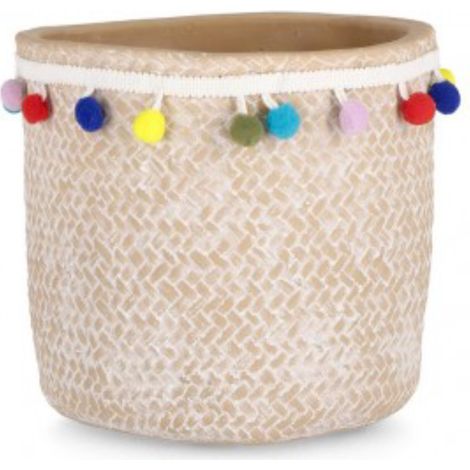 Vaso venezuela naturale tondo con pompon cemento con decorazioni in poliestere -Ø18x17h