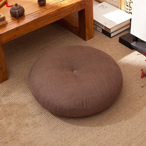 Coussin Rond - 1 Unité - Lin et Coton - Épaisseur 15 cm - Pour Méditation et Chaise - Marron - 45x45cm (1/5)