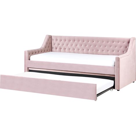 Cama con somier de terciopelo rosa 90 x 200 cm con botones listones Montargis
