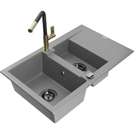 Mexen Gaspar évier en granit 1,5 bac avec égouttoir et robinet de cuisine Flora, gris - 6507-71-670401-57-B (1/5)