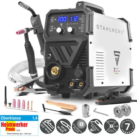 STAHLWERK Schweißgerät 3-in-1 Kombi MTM-200 ST – Kombi-Inverter für WIG, MIG/MAG, MMA/E-Hand bis 200 A, synergischer Drahtvorschub, 4-Rollen-Antrieb, HF-Zündung, Fülldraht geeignet, Stahl, Dünnblech