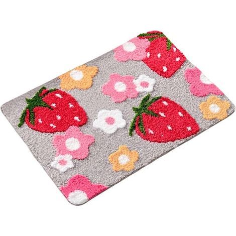 Non-slip strawberry-patterned microfiber bath mat, machine washable. (1/5)