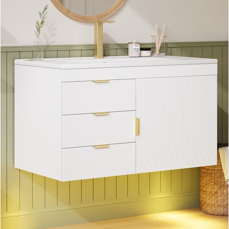 Meuble sous vasque 76 cm suspendu avec lavabo céramique, LED connectée par appli, 2 tiroirs et rangement latéral, blanc rainuré, CHICFURN (1/5)