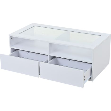 Weißer Couchtisch 100 x 50 x 35 cm mit LED, 2 Schubladen, Tischplatte aus gehärtetem Glas (1/5)