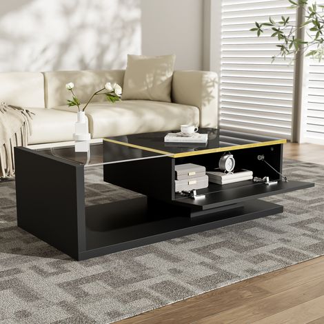 Mesa de centro con LED tablero de cristal templado y estantes abiertos tablero de partículas 100x50x32.5cm color negro (1/5)
