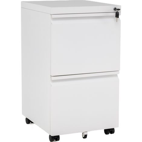 Caisson de Bureau à Roulette avec 5 Roulettes, Frein, 2 Tiroirs, Casier Verrouillable, Métal, Barre de Suspension Réglable, Boîte de Rangement, Blanc