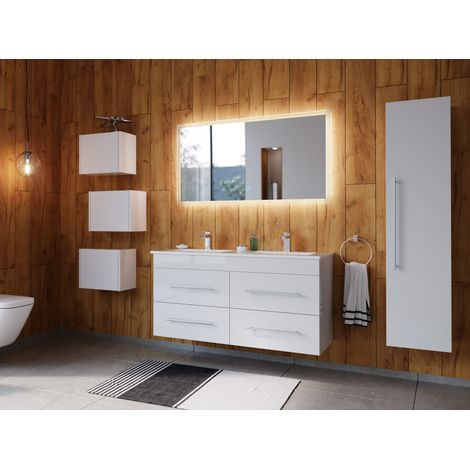 Badmöbelset Helios 4-teilig LED Spiegel Hochschrank 3er Boxen weiss hochglanz