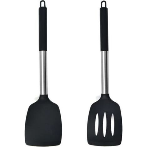 Lot de 2 petites spatules en silicone résistantes à la chaleur pour poisson, œufs, crêpes et plus encore (lot de 2, noir) (1/4)