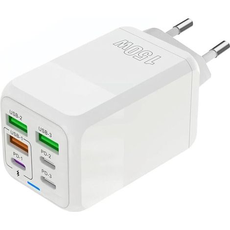 Chargeur USB C, 150W 6 Ports USB C Prise de Charge Rapide, Chargeur à 6 Ports (Port 3PD Type C + Port USB A 3QC), Compatible avec iPhone 11/12/13/14/15 series/XS/XR/8/iPad