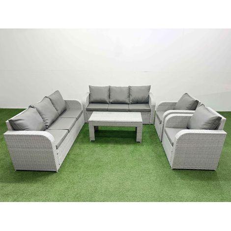 Fimous PE Rattan High Back Lounge Sofa Set Patio Oblong Coffee Table & Chairs Set with 3 Seater Sofa Reclining Chair Light Grey (1/4)