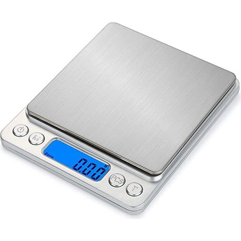 High-precision kitchen scale 500g/0.01g – Backlit LCD screen – Tare function, PCS, 2 stainless steel platforms (1/5)