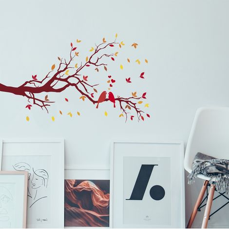 Sticker Autocollant Oiseaux Amoureux, Illustration Automnale, 68 cm X 48 cm, Décoratif pour Maison et Bureau (1/2)