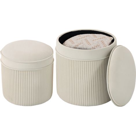 Lot de 2 poufs de rangement en velours, repose-pieds ronds gigognes avec couvercle amovible, Ø 36 et Ø 32 cm, crème