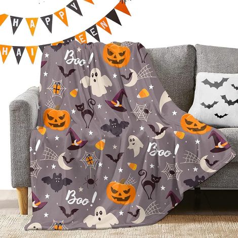 Couverture d'Halloween - Chauve-souris, fantôme et citrouille - Décoration d'Halloween douillette pour canapé, lit ou salon - 127 x 152 cm - Style 5 (1/4)