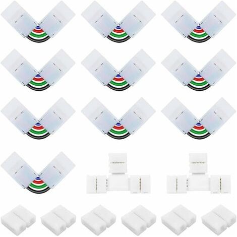 Kit de Connecteur Ruban LED 5050 4 Broches de 10mm Contenue 6 Connecteurs Gapless de 10mm, 10 Connecteurs en Forme de L de 4 Broches à Angle Réglable, 2 Connecteurs en Forme de T pour Bande SMD (1/5)