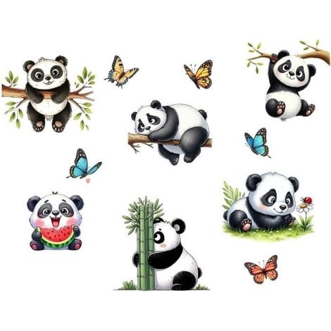 Wandtattoos mit Panda und Schmetterling, Panda-Wandtattoos, selbstklebende Wandaufkleber