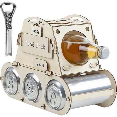 Casier à Bouteilles de Bière en Bois avec Un Décapsuleur, Rangement Bouteille de Vin, Etagere Vin, 26.5X14.5X19.5cm, Créativité DIY, Amusant, Idéal pour Les Cadeaux pour Hommes (1/5)