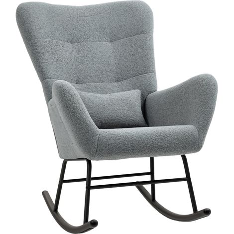 Chaise à bascule en tissu bouclette gris avec accoudoirs, coussin lombaire, poche latérale et patins feutre, pour salon ou chambre, confort relax - CHICFURN (1/5)