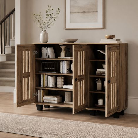 Mueble de almacenaje 120 x 32 x 92 cm con 3 puertas, 8 compartimentos, madera natural HAVRYA (1/5)
