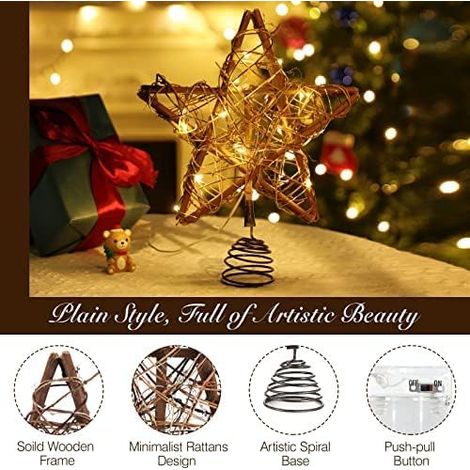 Un sapin de Noël en forme d'étoile, un sapin de Noël décoratif à LED avec des vignes vintage, une lampe à LED avec une base en spirale, alimenté par une batterie décorative intérieure, couronne, brun (1/4)