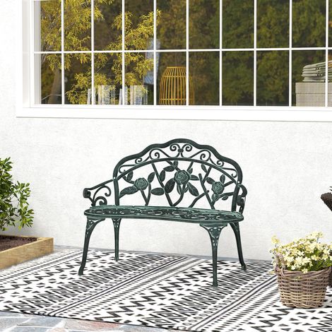 Banco de jardín Outsunny de 2 plazas, estilo neorretro, estampado de rosas, líneas cónicas, 100 cm de largo x 54 cm de ancho x 78 cm de alto, aluminio fundido, color verde envejecido.