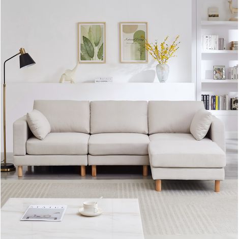 Sofá rinconero de 3 plazas con hocker 235 x 152 x 78 cm, beige, en poliéster HAVRYA (1/5)
