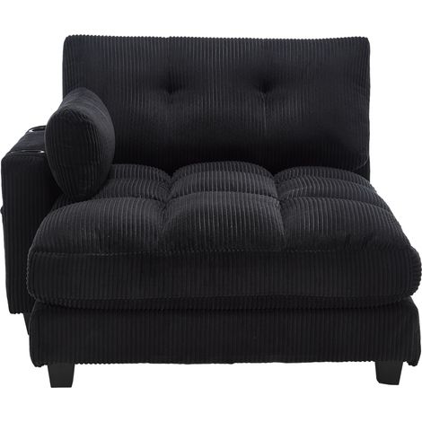 Butaca lounge de terciopelo acanalado negro con portavasos, bolsillos laterales y puerto USB (1/5)