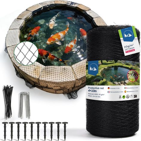 Filet Anti-Oiseaux pour Bassin 4×10m, à Mailles Fines (15×15mm), Anti-Feuilles, 20g/m², Tressé à 3 Brins, avec 20 Piquets de Fixation et 30 Serre-Câbles, pour Jardin et Potager (40m² - 4x10m) (1/5)
