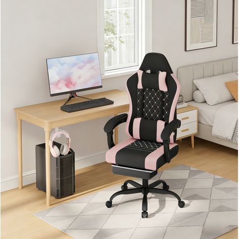 MEUBLIV Chaise de bureau gamer 70x70x127 cm noire et rose – dossier haut, massage lombaire (1/5)