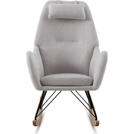 Fauteuil à bascule recouvert de chenille blanche, pieds en métal et base en hêtre (1/5)