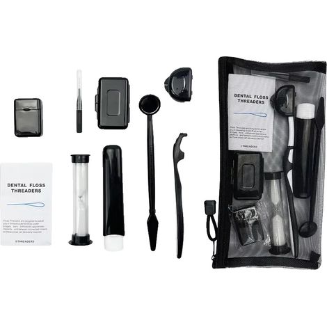 Kit per la cura ortodontica, facile da trasportare, completo di strumenti per la pulizia, borsa nera. (1/2)