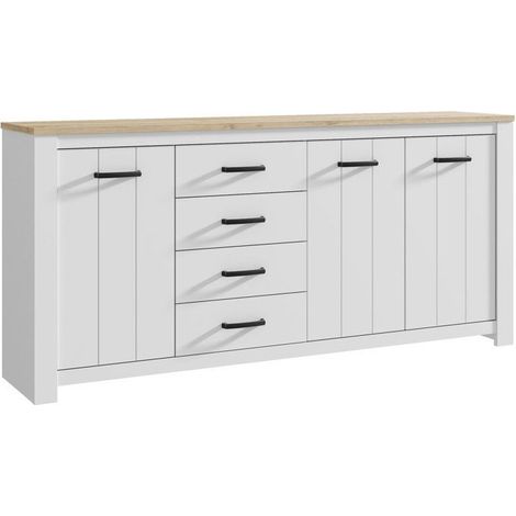 Enfilade Forte ELARA 206 cm Blanc mat décor chêne 3 portes 4 tiroirs (1/5)