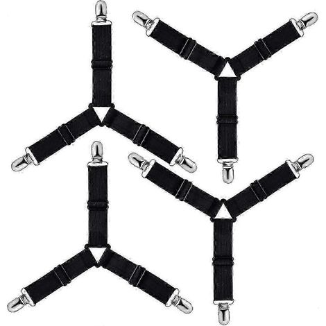 Sangles triangulaires réglables pour draps-housses, élastiques résistants avec clips plastifiés, lot de 4, noires, 9,5-45 cm, pour lits, canapés et planches à repasser (1/5)