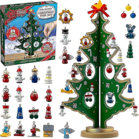 Calendrier de l'Avent de 24 jours avec sapin de Noël en bois à poser et 24 décorations : bonhomme de neige, Père Noël. (1/4)