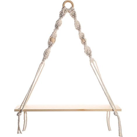 Étagère murale en macramé avec tablette bois, décoration bohème modèle suspendu (1/5)
