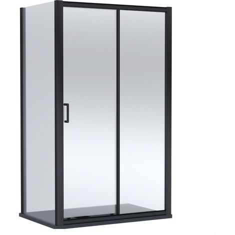 Balterley Ellenhall Sliding Shower Door with 6mm Glass, Side Panel & Slimline 1200x800mm Shower Tray, Matt Black/Black