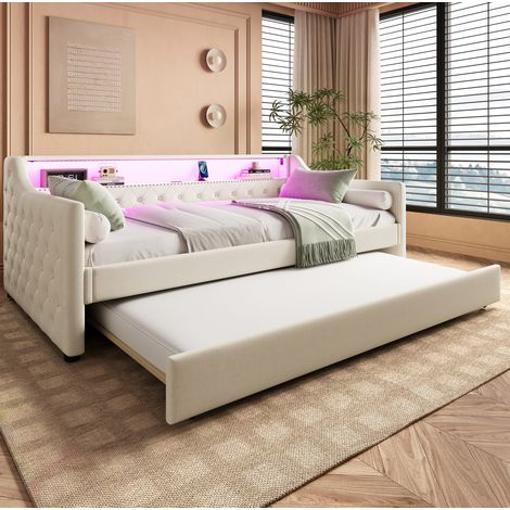 Letto divano in lino beige 90x200 cm con letto estraibile, LED e USB, rete a doghe inclusa (1/5)