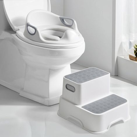DEANIC Toilettensitz für Kinder mit Tritthocker, Toilettensitz mit Treppe und 2 Stufen Hocker, Toilettenaufsatz Klositz für ab 1-2-3-6 Jahre, 2 Kissen 1 Bürste (Grau) (1/5)