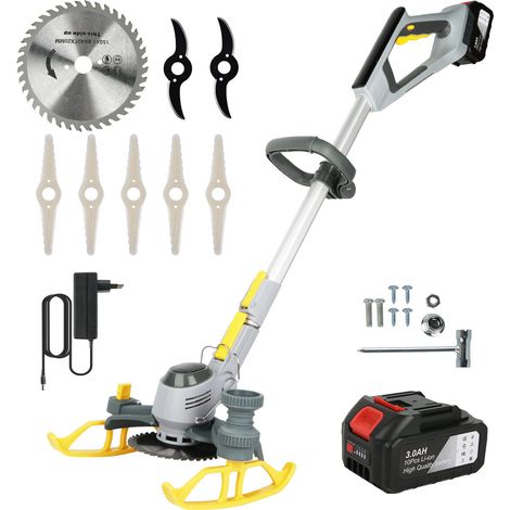 Tondeuse Électrique 2-en-1 21V 600W avec Lames Interchangeables, Roues Type Tank et Affichage LED – Débroussailleuse et Bordure de Pelouse, 1 Batteries