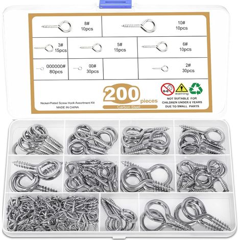 Vis à œillets - Lot de 200 - Acier nickelé - Filetage bois - Jardin et maison - 8 tailles (1/5)