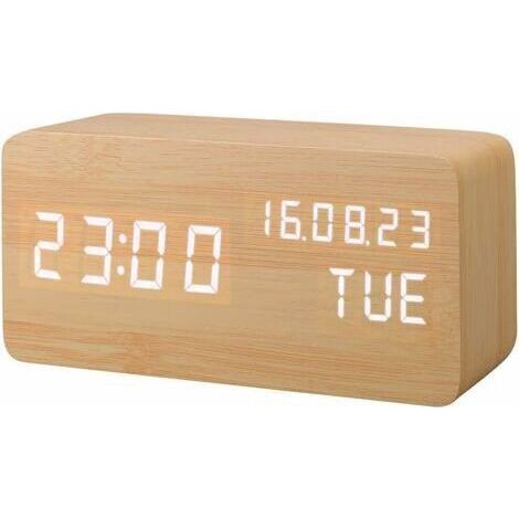 BUNTHAUS Réveil LED en Bois Artificiel,Horloge Numérique Activation Sonore,avec Température/Humidité/Calendrier Luminosité Batterie/USB Prise (1/5)
