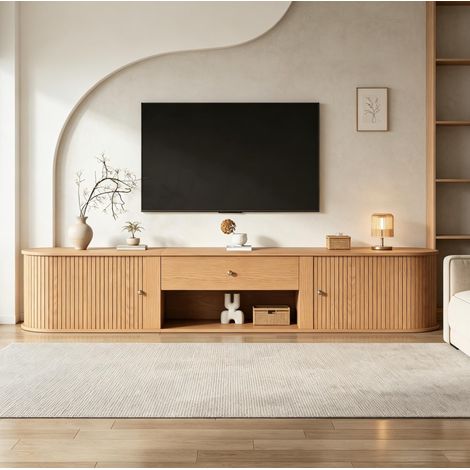 Meuble TV bas en panneau de particules naturel 180 x 40 x 40 cm pour TV jusqu'à 75 pouces (1/5)