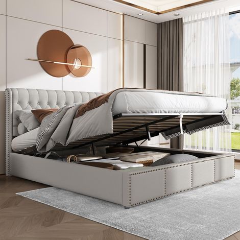 Dans Les Nuages – Lit coffre 180x200 cm – Espace de rangement hydraulique – Sommier à lattes – Tête de lit capitonnée – Tissu lin gris clair