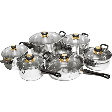 Stahl Kochtopf-Set - 12-teilig - Pfannen und Töpfe mit Glas Deckel