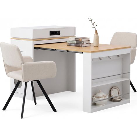 FurnitureR MDF Essgruppe mit Ausziehtisch und 2 Drehstühlen 3-teiliges Set mit weißem MDF-Ausziehtisch, Stauraum, Steckdosenmodul und 2 beigen Drehstühlen (1/5)