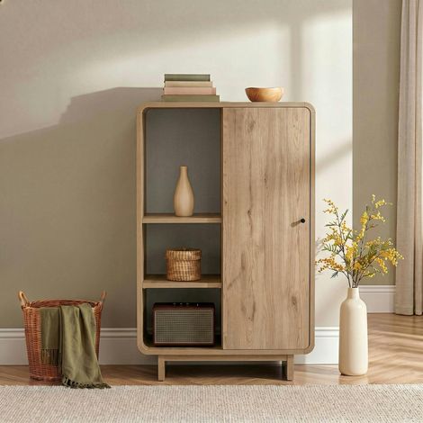 Buffet haut moderne décor chêne 1 porte 3 étagères MARFA (1/5)