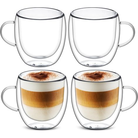 Tasses à café à double paroi, cappuccino, tasses en verre avec anse, tasses à expresso, verres latte macchiato, résistance à la chaleur et au froid, pour cappuccino, latte, lait, bière 4x250 ml (1/5)